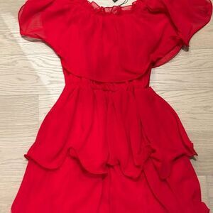 PrettyLittleThing NWT Red Chiffon Bardot Ruffle Tiered Dress Size 6